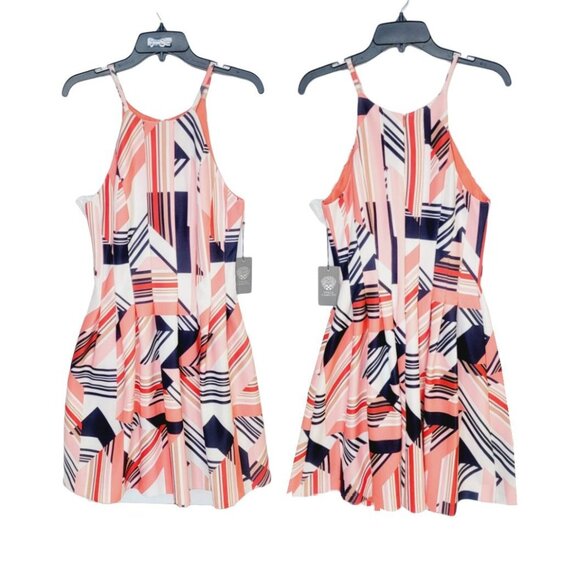 ⭐Vince Camuto Sz 8 Womens Dress Scuba Halter Fit & Flare Poppy Multi 2 pockets⭐ - Picture 1 of 8